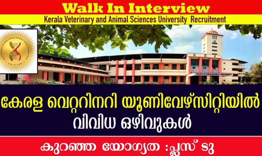 കേരള വെറ്ററിനറി യൂണിവേഴ്സിറ്റിയിൽ വിവിധ തസ്തികകളിൽ ജോലി ഒഴിവുകൾ